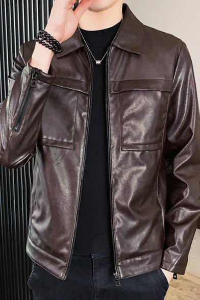 Dashing Mens Jacket Pure Color Pocket Detail Spread Collar Zip Closure Leather Jacket