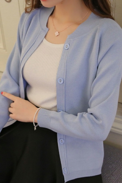 Fancy Pure Color Cardigan Round Collar Button Closure Long Sleeve Slim Fit Cardigan for Women