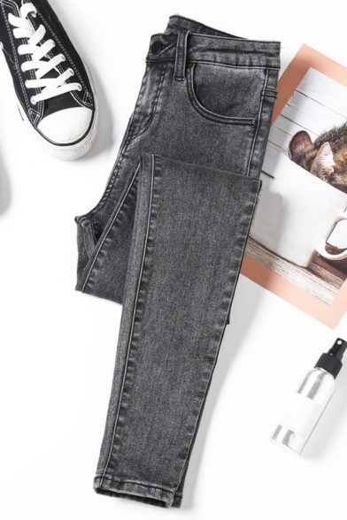 Fashion Girls Jeans Solid Color Pocket Regular Long Length High Rise Zip Fly Tapered Jeans