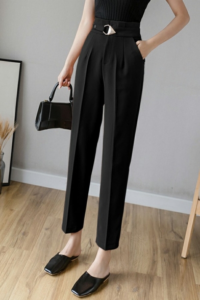 Ladies Stylish Pants Pocket Plain Straight Mid Rise Ankle Length Button Fly Pants