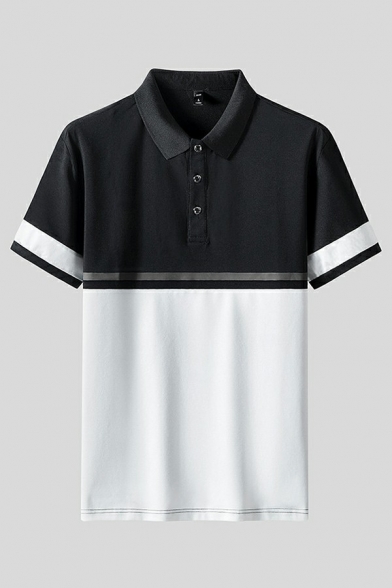 Modern Mens Polo Shirt Color Block Button Detail Turn-down Collar Polo Shirt