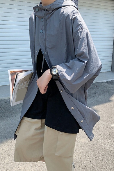 Popular Mens Drawstring Trench Coat Plain Zip Closure Regular Fit Trench Coat with Hood