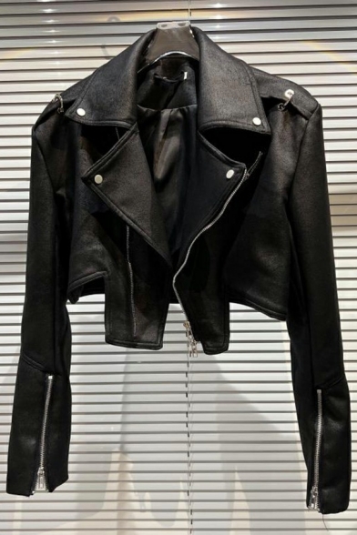 Sexy Plain PU Jacket Notched Lapel Collar Zipper Up Crop Leather Jacket for Women