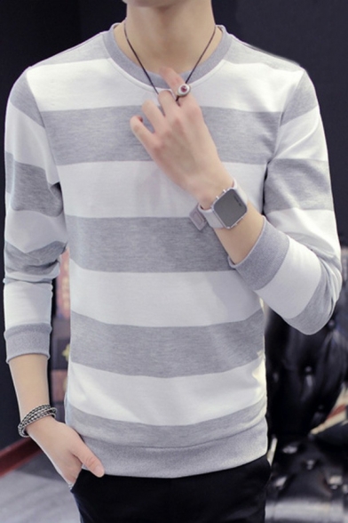 Stylish Mens Sweatshirt Stripe Pattern Round Neck Rib Cuffs Sweatshirt
