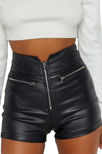 Stylish Womens Shorts Plain PU Leather Zipper Fly High Waist Zip Pockets Hot Pants