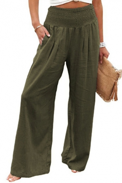 Trendy Womens Shirred Pants Solid Color Cotton and Linen High Waist Wide Leg Pants