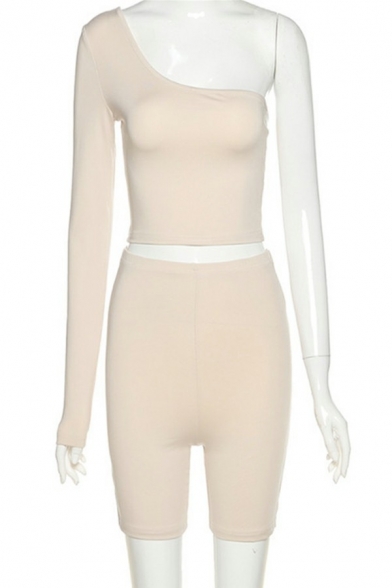 Unique Ladies Plain Set One Shoulder Solid Color Crop Top & Shorts Two Piece Set