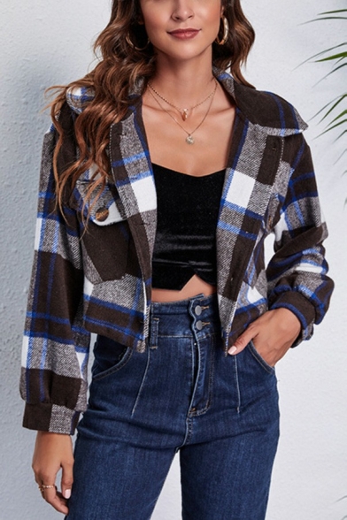 Vintage Womens Jacket Plaid Turn-Down Collar Single Breasted Cropped Jacket