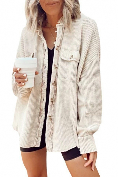 Casual Asymmetrical Jacket Pure Color Pockets Button Closure Lapel Collar Long Sleeve Jacket for Ladies