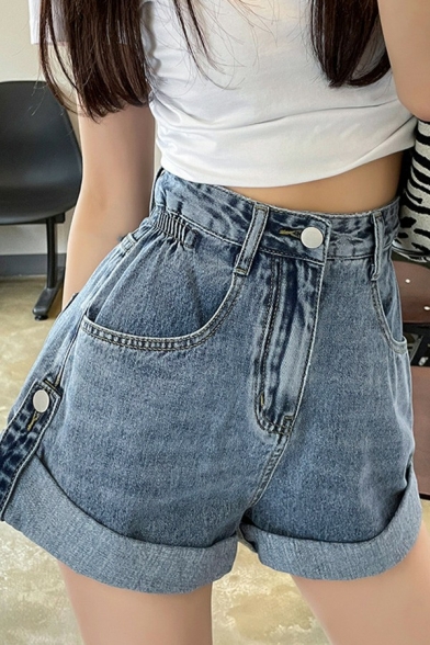 Chic Girls Shorts Plain Zipper Fly High Waist Turn Up Denim Shorts(Not Included Belt)