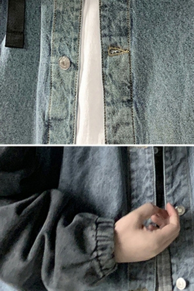 Dashing Guys Denim Jacket Color Block Spread Collar Button Closure Pocket Detail Denim Jacket