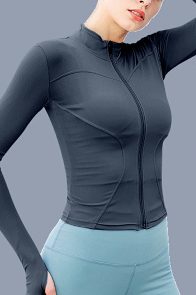 Fancy Womens Fitness Jacket Mock Neck Pure Color Zipper Down Yoga Jacket