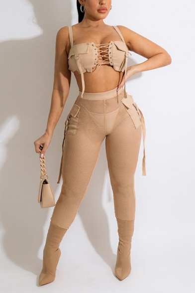 Hot Womens Co-ords Solid Color Lace Up Cropped Cami Tee & Sheer Mesh Pants Two Piece Set with Flap Pockets