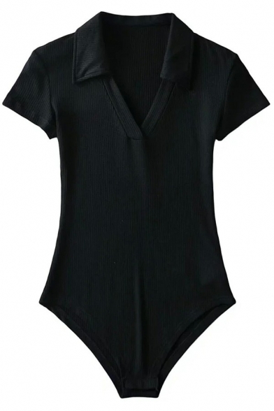 Leisure Plain Bodysuit V Neck Ribbed Short Sleeve Slim Fit Bodysuit for Women