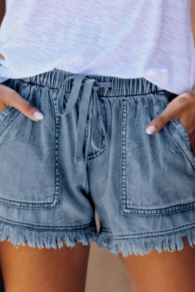 Leisure Womens Shorts Plain Drawstring Waist Mid Rise Tassel Front Pocket Loose Shorts