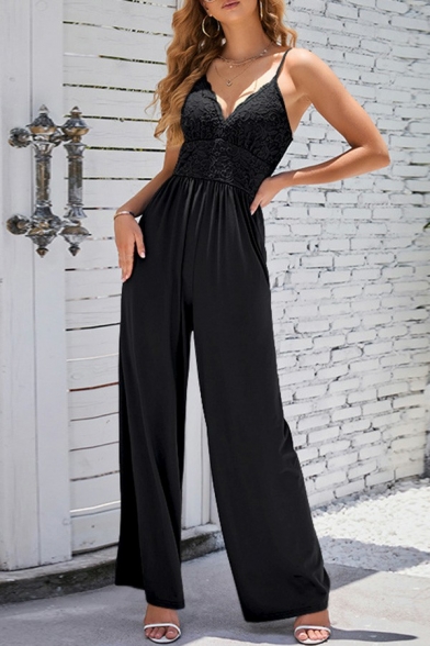Retro Ladies Jumpsuits Pure Color Spaghetti Straps Full Length Loose Sleeveless Jumpsuits