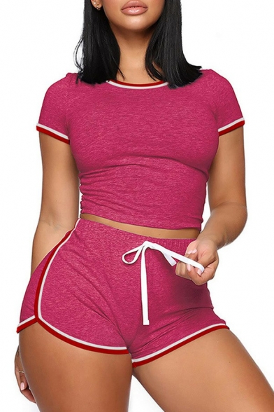 Sporty Womens Co-ords Contrast Trim Crew Neck Crop Top & Drawstring Waist Shorts Co-ords