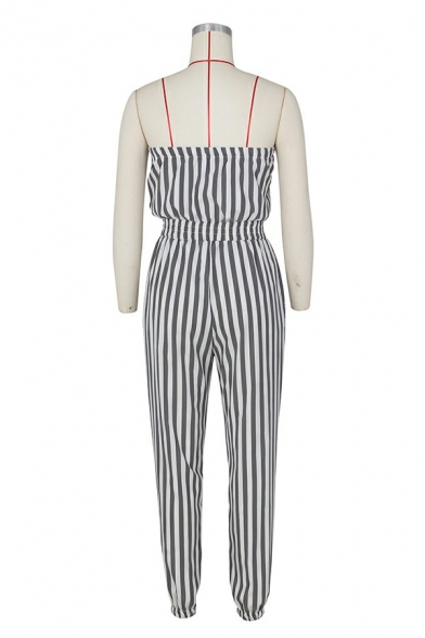 Trendy Ladies Jumpsuits Striped Printed Zip Up Strapless Sleeveless Jumpsuits