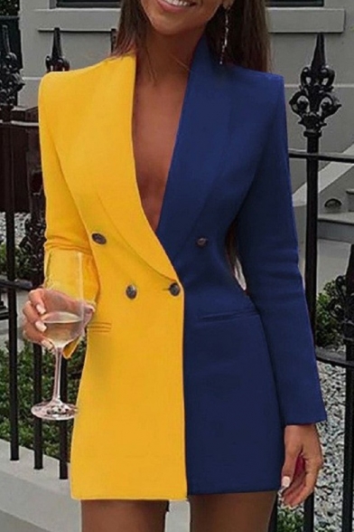 Trendy Ladies Tunics Blazer Color Block Lapel Collar Double Breasted Slim Fit Suit Jacket