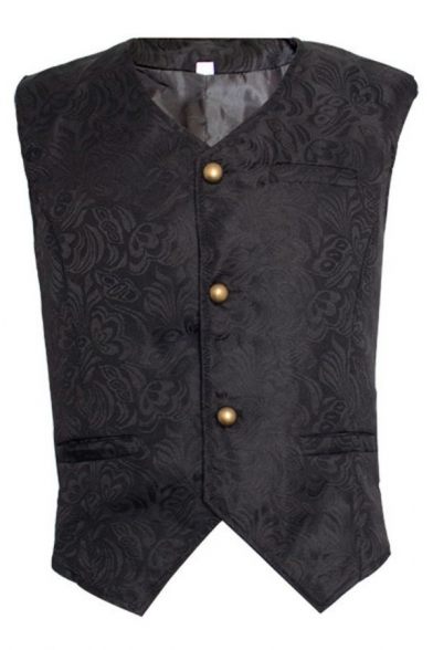 Vintage Mens Jacquard Vest V-neck Slit Pure Color Button Closure Regular Fit Vest