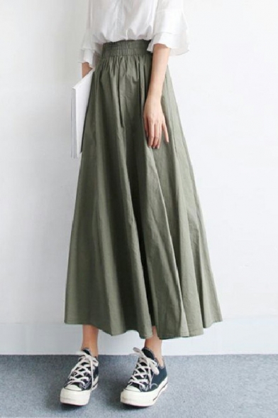 Vintage Womens Skirt Solid Color Elastic Waist A-Line Maxi Skirt