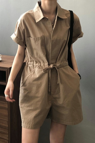 Chic Ladies Rompers Plain Turn-Down Collar Button Down Short Sleeve Tie Front Rompers