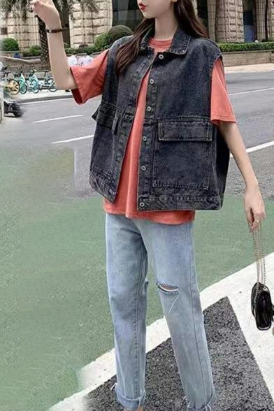 Fashion Womens Denim Vest Spread Collar Single Breasted Sleeveless Vest with Flap Pockets