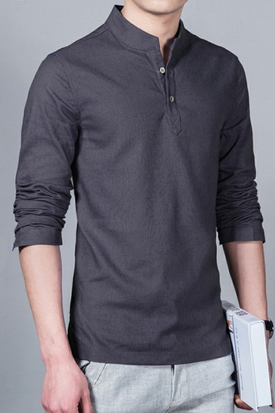 Leisure Shirt Whole Colored Long-Sleeved Stand Collar Regular Fit Button Fly Shirt for Men