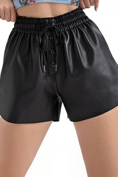 Leisure Womens Shorts Solid Drawstring Waist Mid Rise Button Detail Loose Shorts