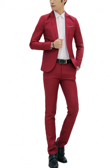 Men Urban Suit Set Plain Lapel Collar Single Button Pocket Detail Blazer and Pants Suit Set