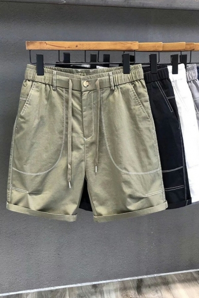 Popular Mens Cargo Shorts Pure Color Drawstring Waist Mid Rise Straight Fit Cargo Shorts with Pocket