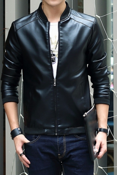 Retro Jacket Pure Color Long Sleeve Stand Collar Regular Zip Fly Leather Jacket for Men