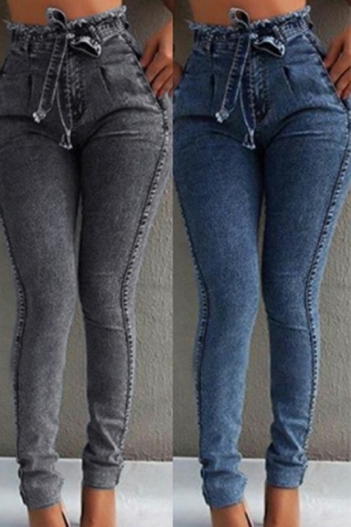 Simple Jeans Pure Color Skinny Pocket Drawstring Waist Long Length Jeans for Women