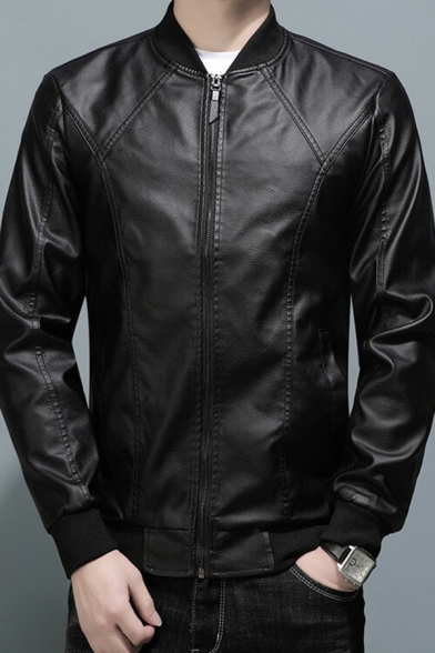 Simple Mens Jacket Solid Color Pocket Detail Stand Collar Zip Closure Leather Jacket