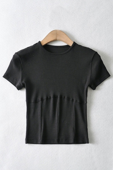 Simple Womens T-Shirt Plain Crew Neck Short Sleeve Slim Cropped T-Shirt