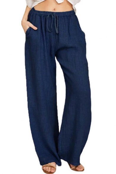 Simplicity Plain Pants Cotton and Linen Elastic Waist Long Straight Pants for Women