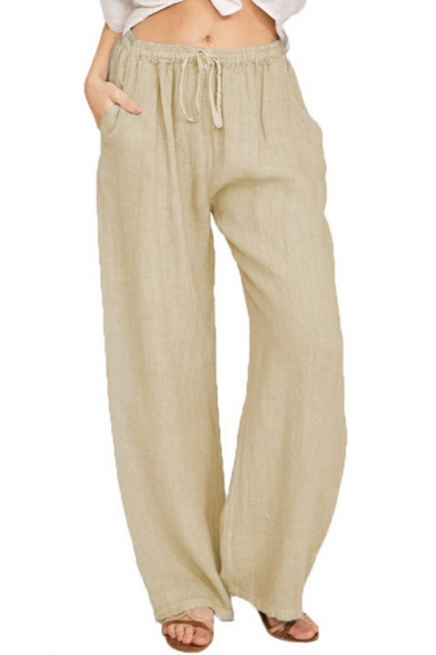 Simplicity Plain Pants Cotton and Linen Elastic Waist Long Straight Pants for Women
