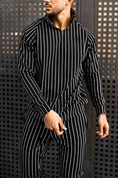 Stylish Mens Co-ords Striped Pattern Stand Collar Long Sleeve Half Zip Sweatshirt with Sweatpants Two Piece Set