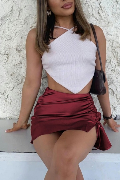 Stylish Womens Satin Skirt Plain Ruched Detail High Rise Split Side Mini Skirt