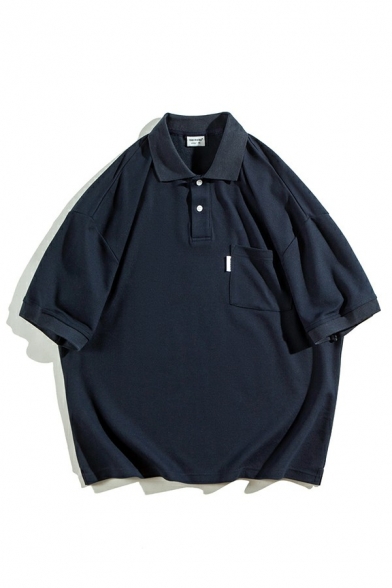 Trendy Mens Polo Shirt Plain Turn-down Collar Short Sleeve Button Detail Polo Shirt with Pocket