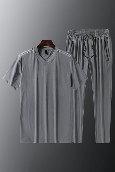 Vintage Boy's Set Solid Color V Neck Short Sleeve T-shirt with Fitted Drawstring Pants Set