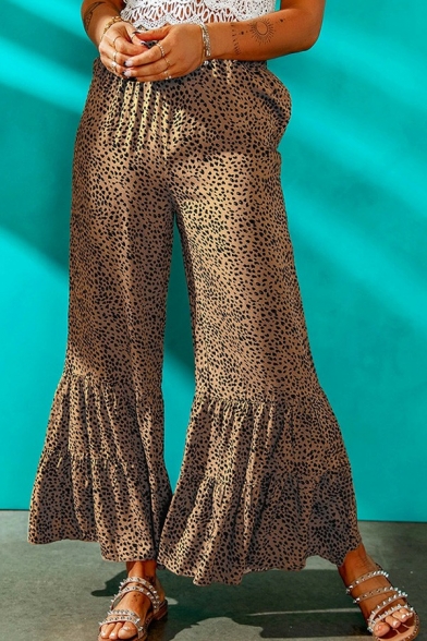 Vintage Ladies Flared Pants Leopard Print High Waist Elastic Waist Loose Fit Pants
