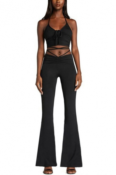 Chic Ladies Co-ords Plain Ruched V Neck Crop Halter Top & Tied Waist Hollow Pants Co-ords