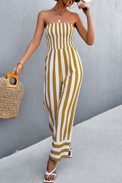 Chic Womens Shirred Jumpsuits Strapless Striped Print Wide Leg Jumpsuits