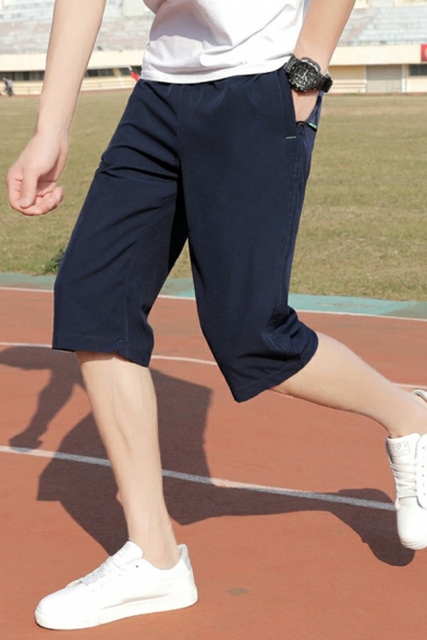 Classic Mens Shorts Plain Elastic Waist High Rise Zipper Pockets Active Shorts