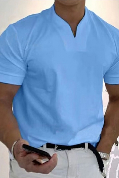 Daily T-Shirt Pure Color Short Sleeve V-Neck Regular Fit T-Shirt for Men