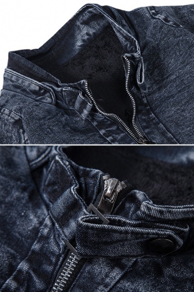 Dashing Denim Jacket Plain Stand Collar Zip Closure Pocket Detail Denim Jacket for Men
