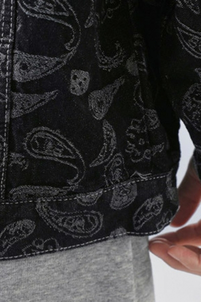 Dashing Guys Jacket Paisley Print Button Closure Pocket Detail Spread Collar Denim Jacket
