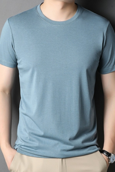Fashion Mens Tee Shirt Pure Color Short-sleeved Regular Round Collar Tee Shirt