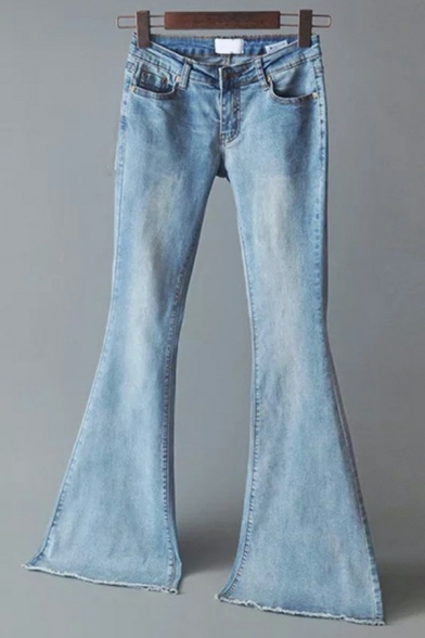 Girls Chic Jeans Plain Full Length Pocket Slimming High Waist Zipper Flare Jeans